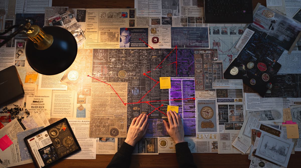 Workspace covered in press clippings and coverage materials