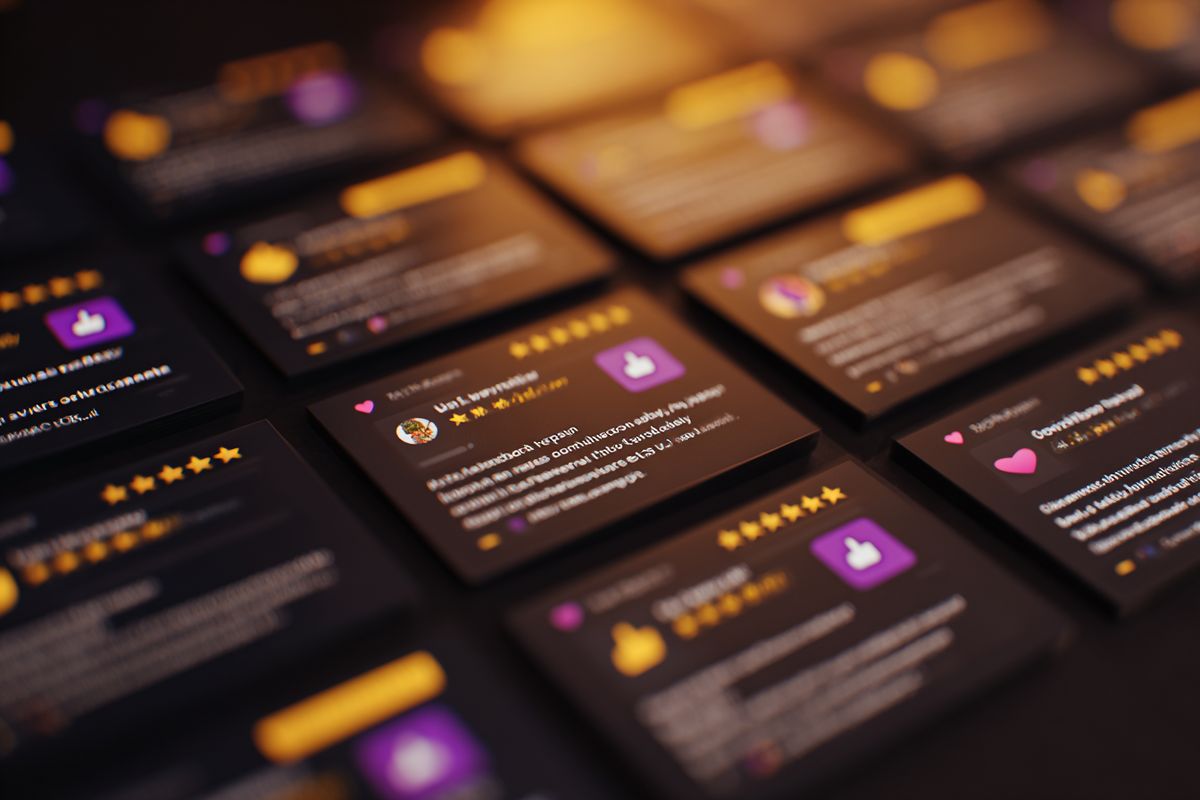 User review cards with ratings and thumbs-up icons