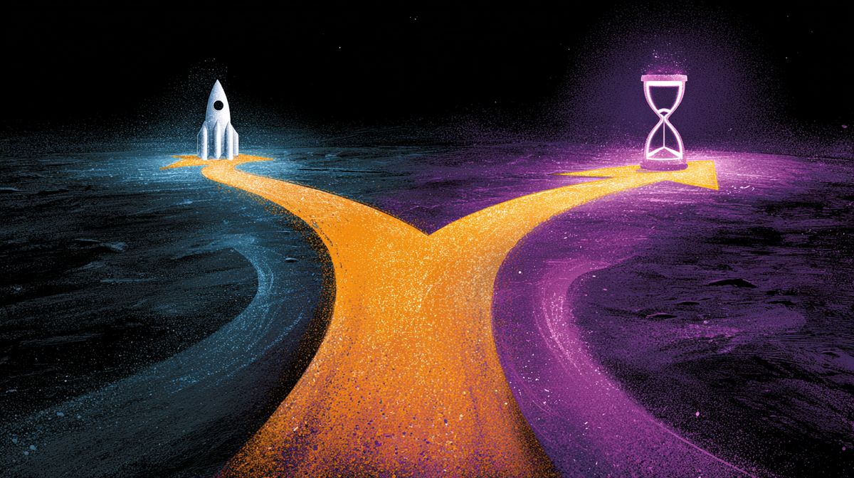 Three diverging paths representing launch, delay, and pivot decisions