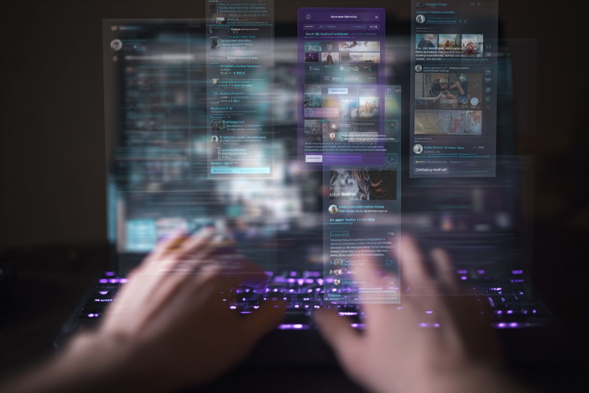 Hands typing on keyboard with floating browser windows showing journalist profiles