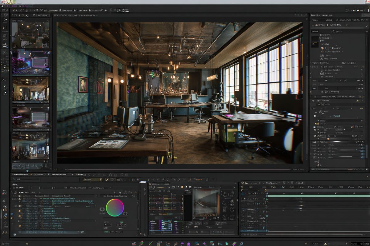 Game engine viewport with cinematography setup