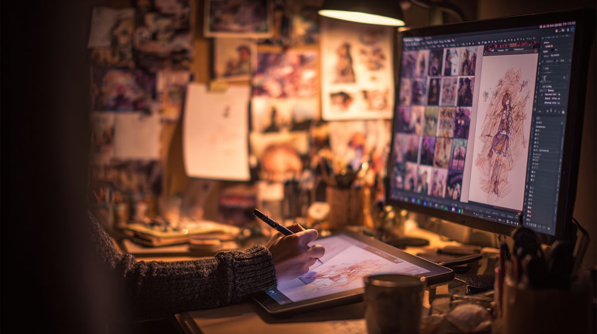 Digital artist workspace with work-in-progress art