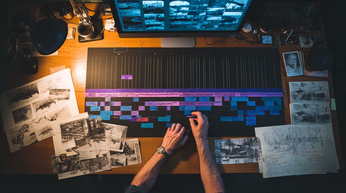 Film editing timeline with color-coded clips