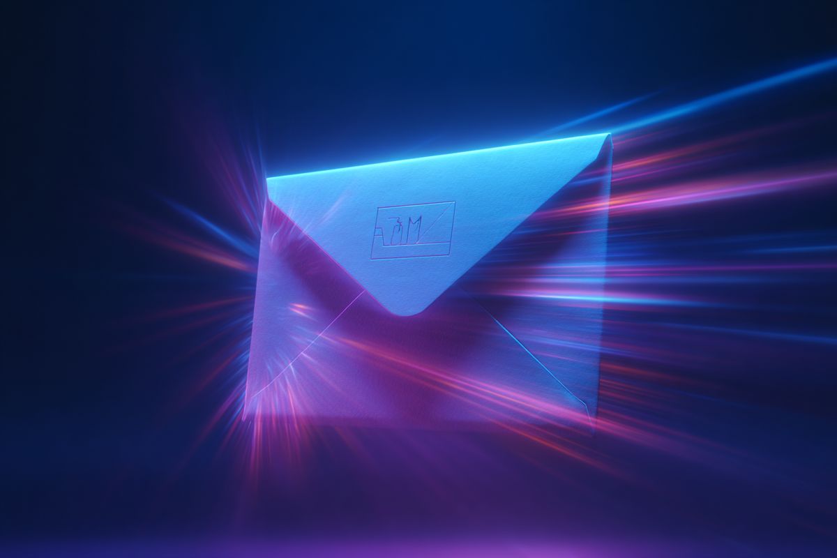 Glowing email envelope with game assets inside