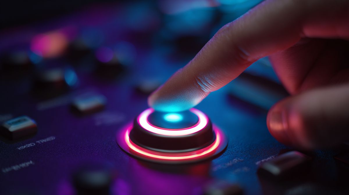 Finger hovering over glowing launch button