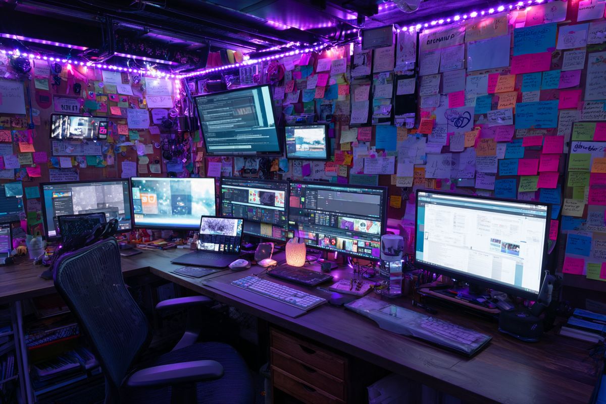 Intense war room with marketing tasks on screens