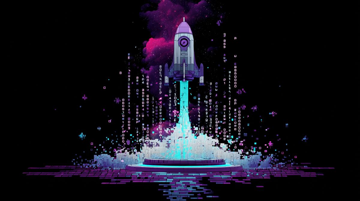 Stylized rocket launch with data streams