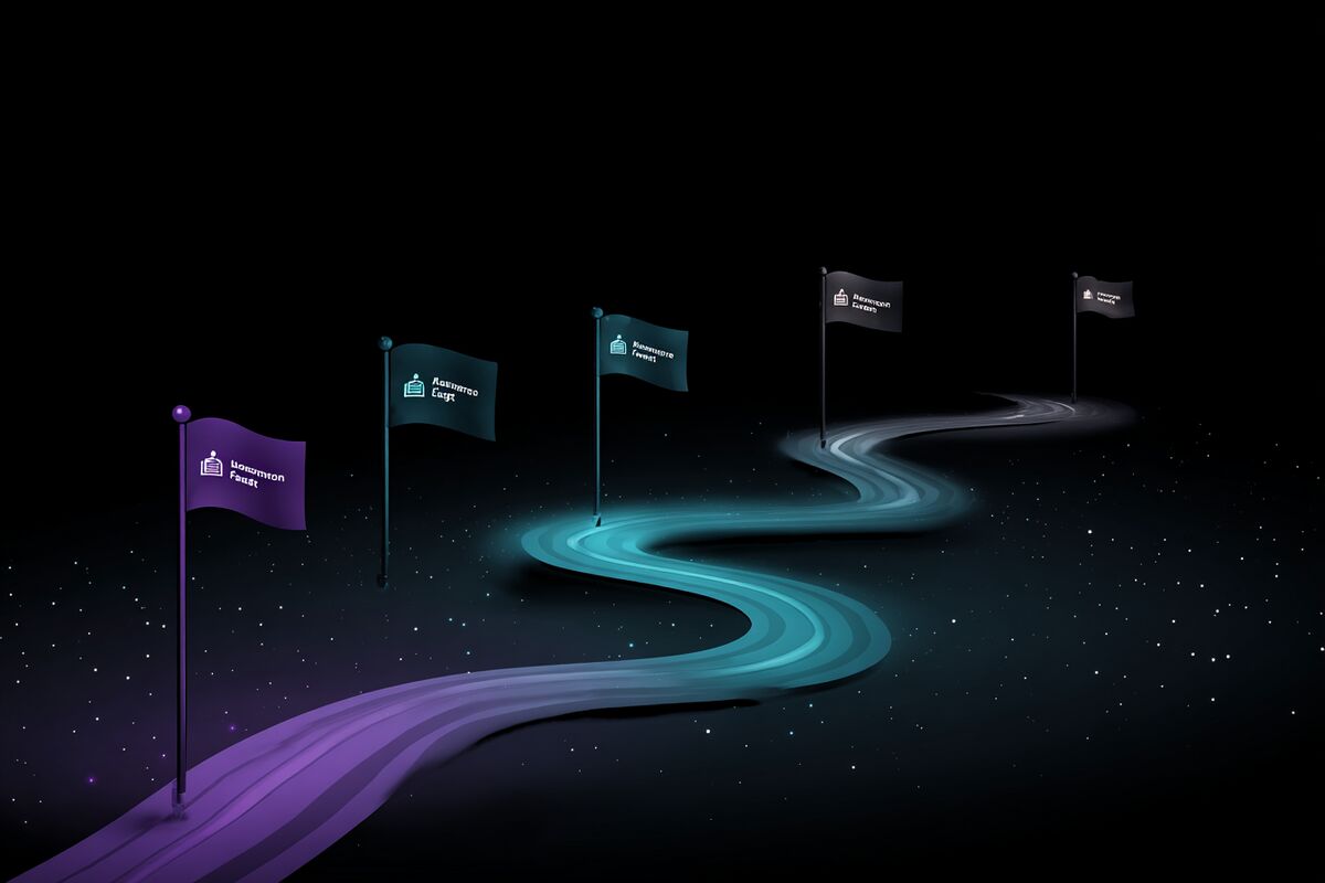 Four milestone flags on a path